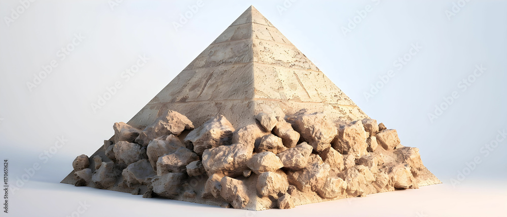 Poster realistic pyramid model with stone base on white background showcasing ancient architecture and arti
