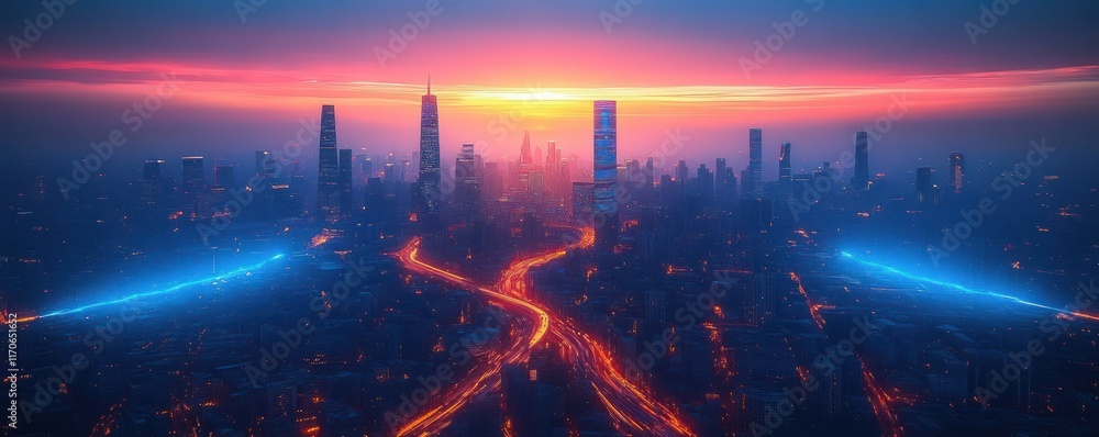 Poster Futuristic Cityscape Digital Background for AI Data Transmission Encryption Neural Networks and Scientific Research