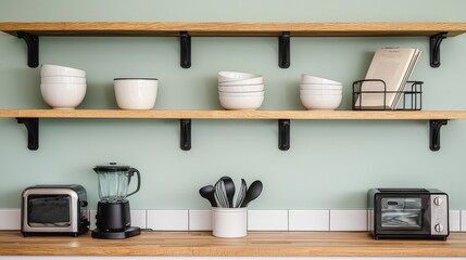 Stylish kitchen and shelf displays, A modern kitchen shelf displays neatly arranged bowls, a blender, utensils, and small appliances against a soft green wall.