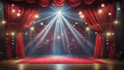 Enchanting Magic Theater Stage with Rich Red Curtains and a Dramatic Spotlight Illuminating the Center Stage, Creating an Atmosphere of Mystery and Anticipation for Upcoming Performances