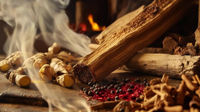 Amber Glow Oud Wood Burning with Saffron Threads, Peppercorns, Cinnamon, Cedar Logs, and Ginger in Spicy and Earthy Atmosphere