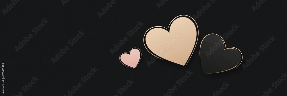 Poster heart designs in various sizes arranged on a dark background create a romantic atmosphere for valent