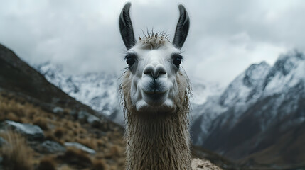 Obraz premium a close up shot of a llama looking to camera in andes mountains