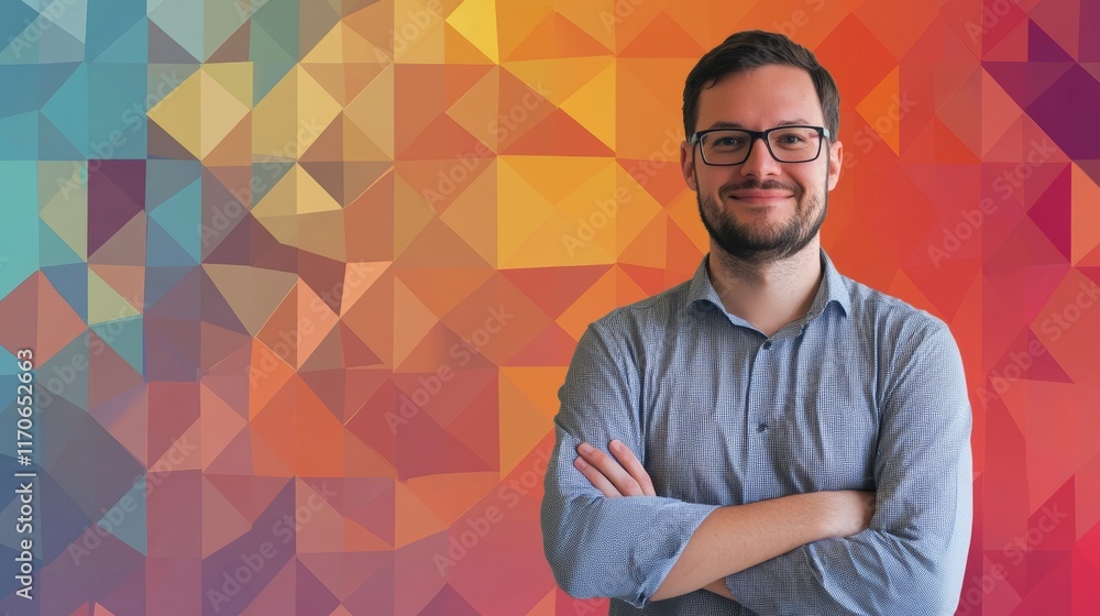 Poster a man with glasses is standing in front of a colorful background