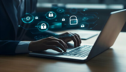 Secure online data, cybersecurity, digital privacy, person typing on laptop with digital lock icons.
