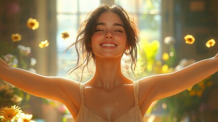 Joyful Woman Celebrating at Desk Motivated by Success with Laptop Flowers and Bright Room