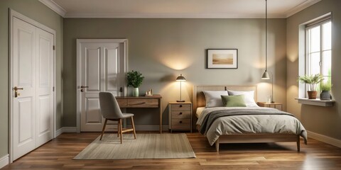 Cozy bedroom interior with an open door and a table lamp placed on a dresser, lighting, desk,  lighting, desk, room,bedroom