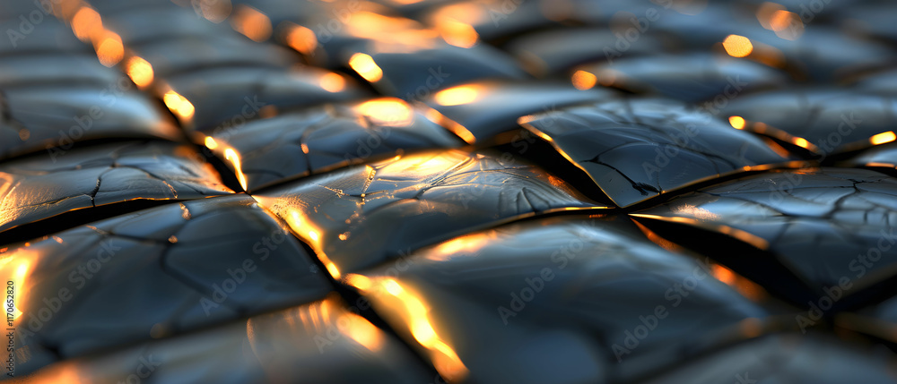 Poster abstract close-up of shiny black tiles with light reflections and intricate patterns