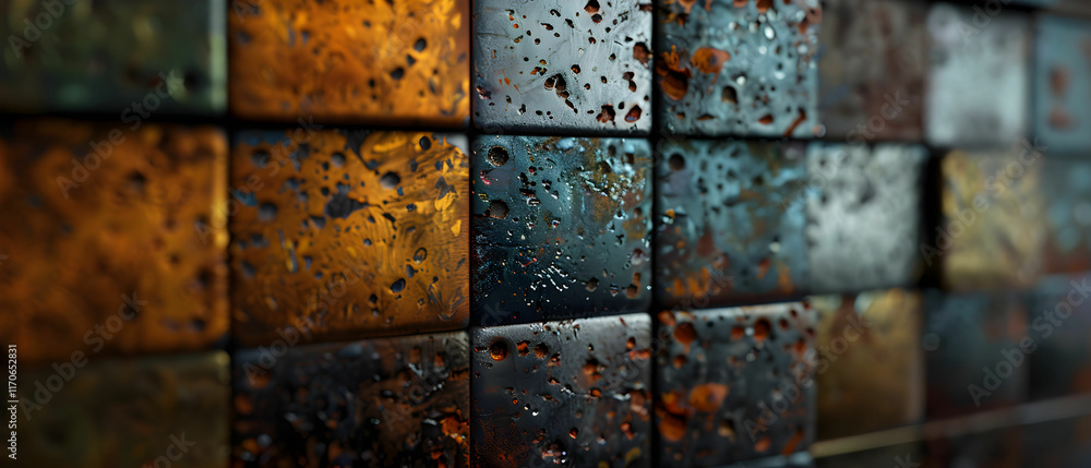 Poster textured close-up of colorful rusty tiles with drops of water and a unique artistic finish