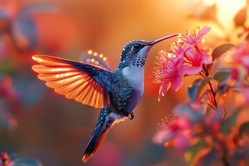 Obraz premium Enchanted Hummingbird Sipping Nectar from a Flower