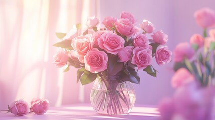 Obraz premium Beautiful bouquet flowers pink roses in vase on pastel pink background table. Birthday, Wedding, Mother's Day, Valentine's day, Women's Day. Front view 