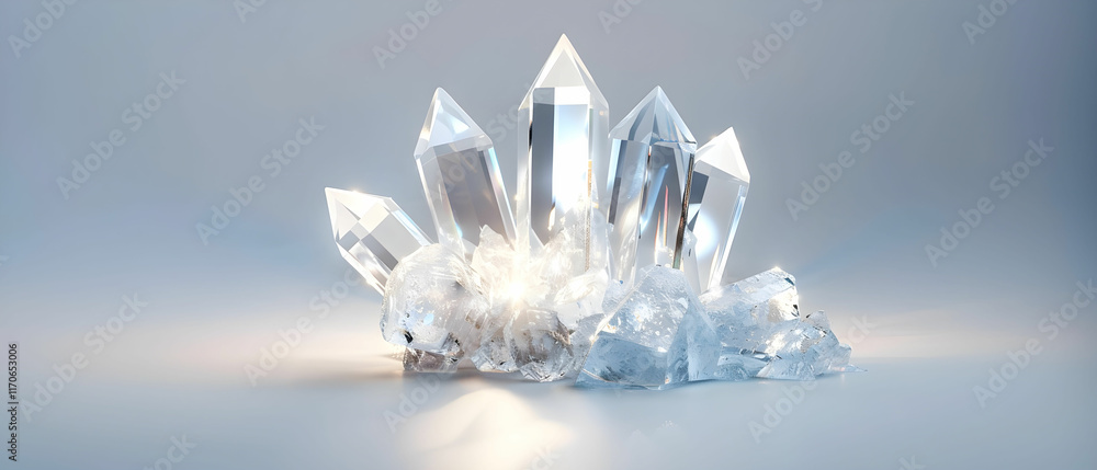 Aufkleber shimmering clear crystals with glossy surface reflecting light in minimalistic setting