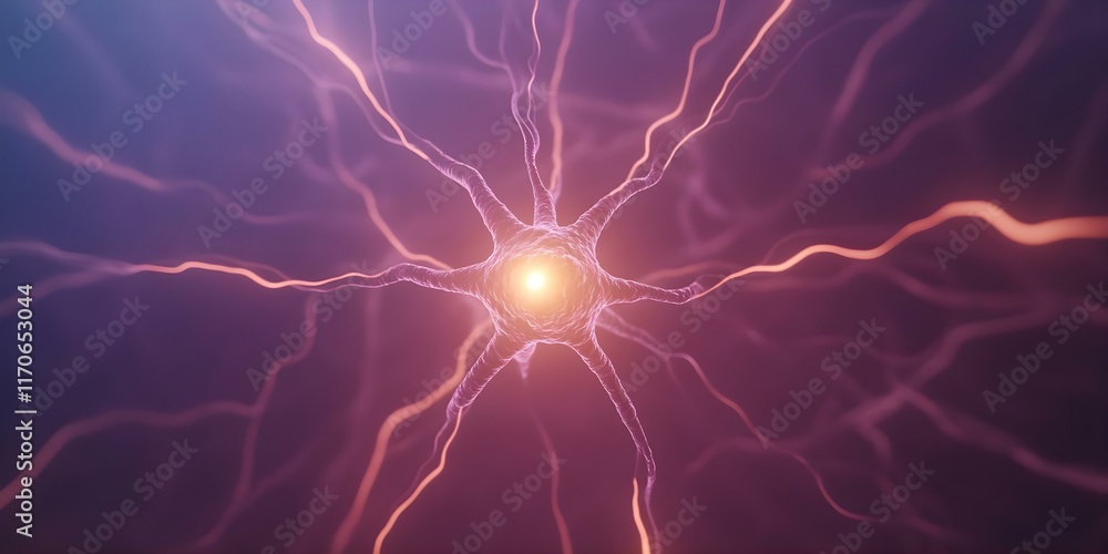 Poster a stylized depiction of a neuron, showcasing its structure with branching fibers and a bright centra