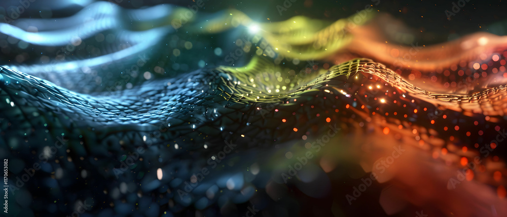 Poster abstract colorful wave patterns with glittering particles in a dark background for creative projects