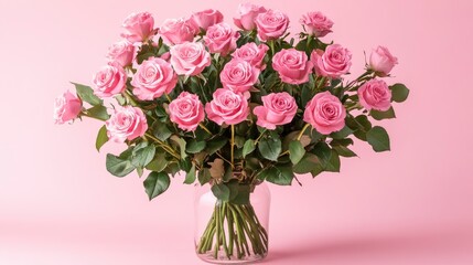 Fototapeta premium Beautiful bouquet flowers pink roses in vase on pastel pink background table. Birthday, Wedding, Mother's Day, Valentine's day, Women's Day. Front view 