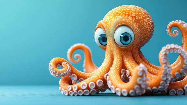 Cute cartoon orange octopus with big eyes on blue background.