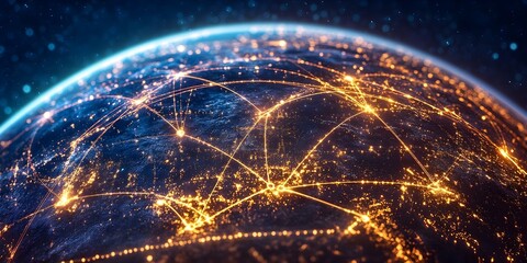 A digital representation of Earth highlighting interconnected networks and data flow across the globe, resembling a network map. Concept Global Data Connectivity, Network Map Visualization
