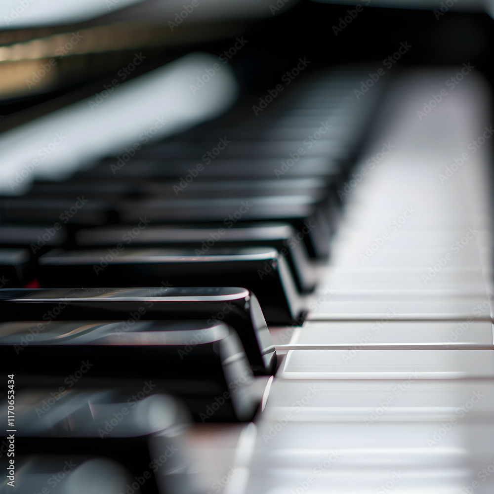 Poster close-up view of piano keys with soft lighting creating a musical atmosphere for artistic imagery