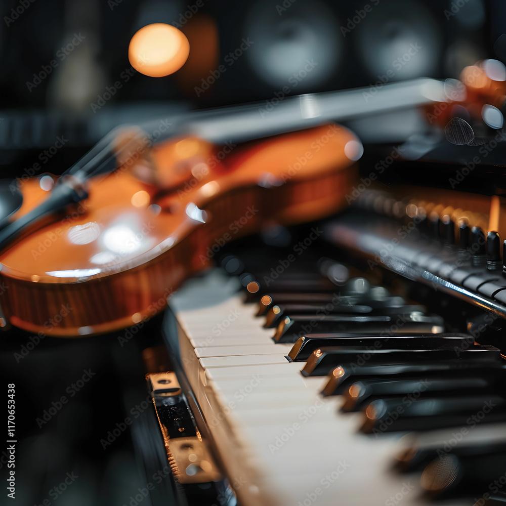 Poster Close-Up View of Violin on Piano Keys in a Softly Lit Music Studio Setting