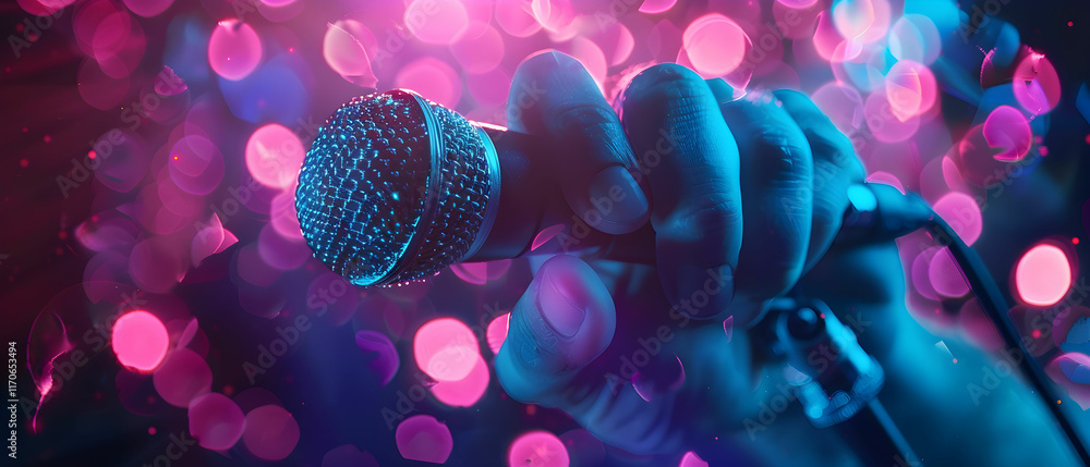 Poster hand holding microphone against colorful bokeh background with soft focus effect for music and perfo
