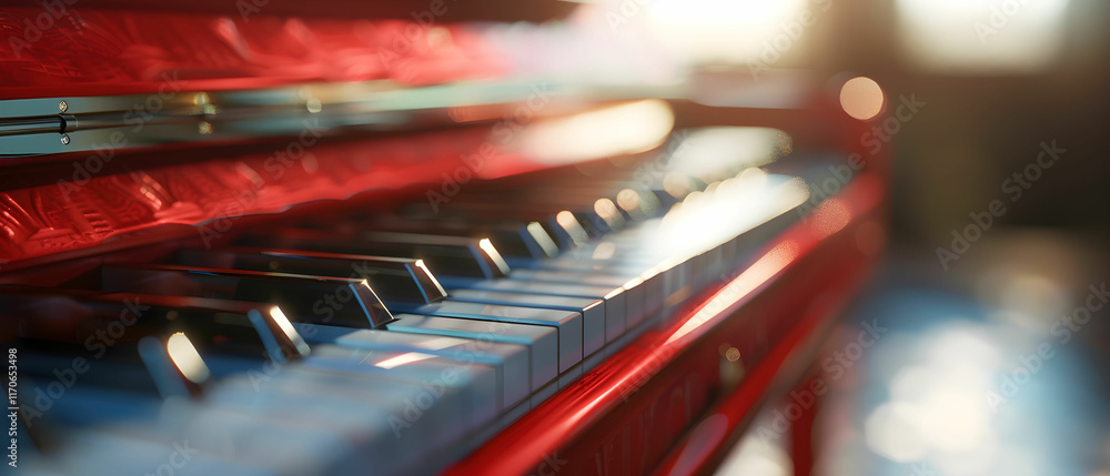 Poster Close-Up of a Vibrant Red Piano with Shimmering Keys and Soft Light Creating a Musical Atmosphere