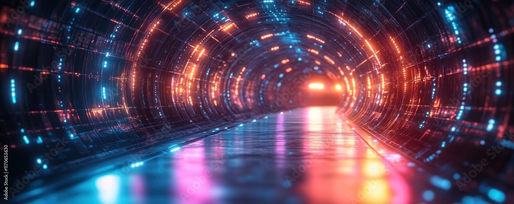 Poster Futuristic Digital Tunnel Background for AI Technology Communication Coding Data Transfer and Encryption