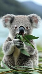 Naklejka premium A koala holding eucalyptus leaves near a serene body of water.