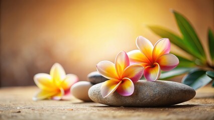 A serene Zen stone surrounded by vibrant frangipani flowers, set against a warm beige background, exuding peaceful tranquility and balance in nature, frangipani, balance