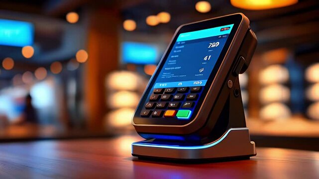 A payment device on a table; lights and blurred background, for a transaction.