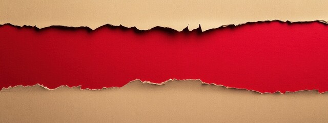 Beige Torn Paper with Red Accent, minimalist composition featuring jagged edge, bold contrast for impactful text presentation