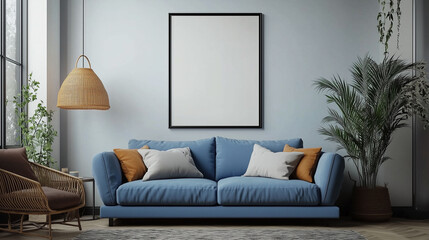 Empty vertical poster frame in modern scandinavian style living room interior with blue sofa. Cozy living room
