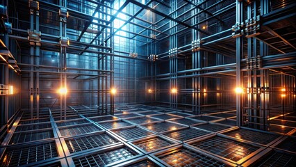 Dark mysterious metallic grid with intersecting wires and geometric shapes, creating a futuristic industrial atmosphere