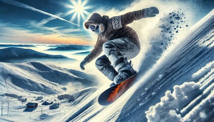 Snowboarding on a Snowy Mountain - Beautiful View with Sunny Weather and Blue Sky - Snowboarder in Action - Sliding down the White Slope - Fresh Snow - Extreme Sport or Winter Sport - Snowboard