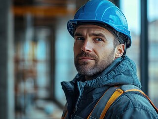 Fototapeta premium Engineer Construction Worker Helmet Man Japanese Profile Business Infrastructure Improvement Maintenance Building Copy Space Advertisement Manpower Workwear Director