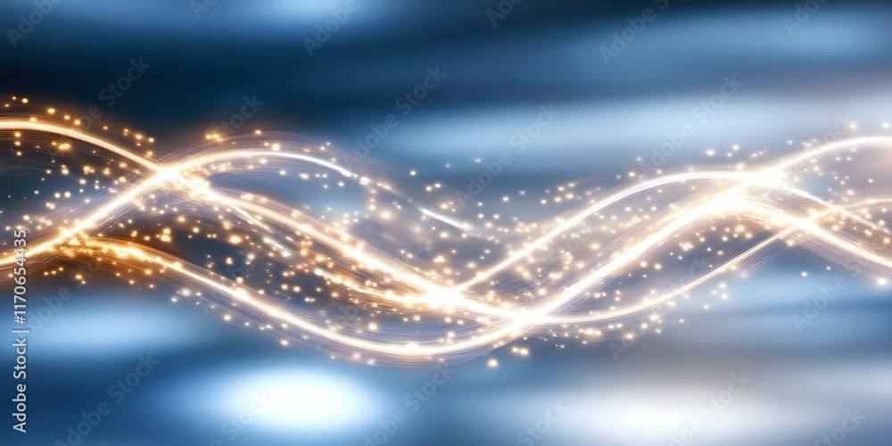 Poster a dynamic abstract design featuring flowing lines and sparkling lights against a soft blue backgroun