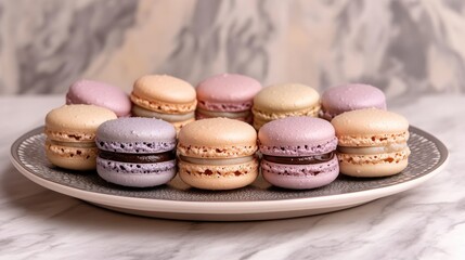 Lavender macarons on stylish plate with pastel colors