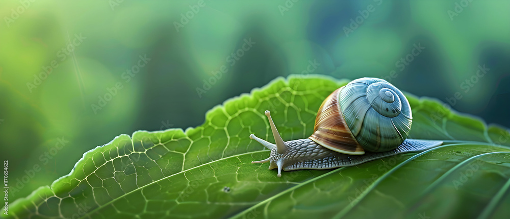 Poster close-up view of a colorful snail crawling on a green leaf in a vibrant natural setting