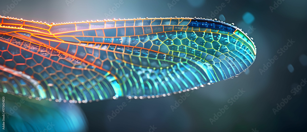 Poster intricate close-up of a dragonfly wing with colorful patterns and water droplets in soft focus backg