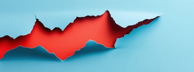 Fototapeta premium Torn light blue paper with vibrant red sheet on light blue background, minimalist design, striking color contrast, ideal for text placement