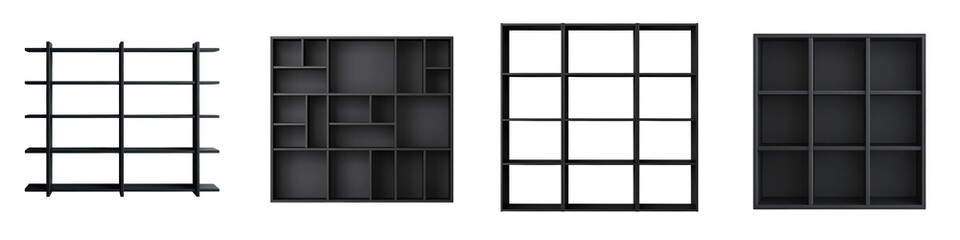 Minimalist Shelving Units in Geometric Grid Layout for Organized Home or Office Space  Empty black and white modular shelves on a plain wall background creating a clean and modern interior design