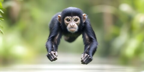 Fototapeta premium A small monkey is leaping through the air, showcasing its agility against a blurred natural background. Concept Monkey Agility, Nature Background, Dynamic Leap, Wildlife Photography, Playful Moment