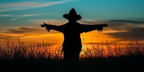 Silhouette of Scarecrow Against Colorful Sunset Sky Landscape