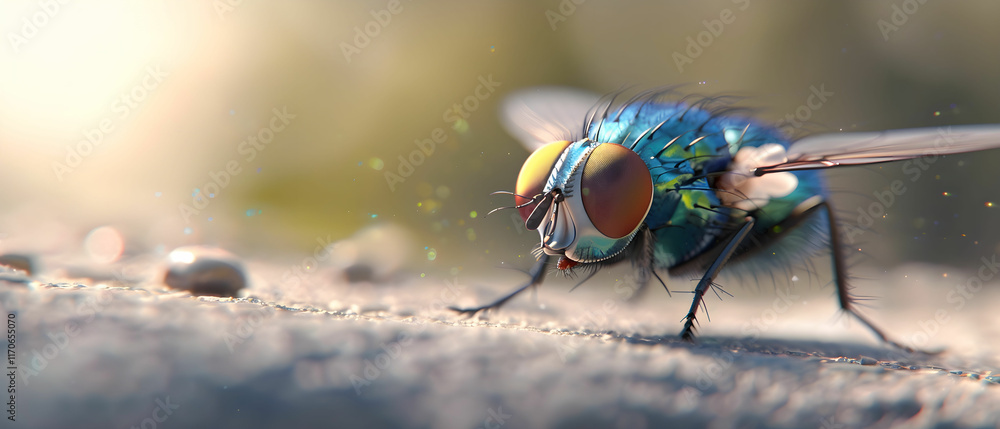 Aufkleber close-up view of a colorful fly crawling on a surface with sparkling background and soft focus effec