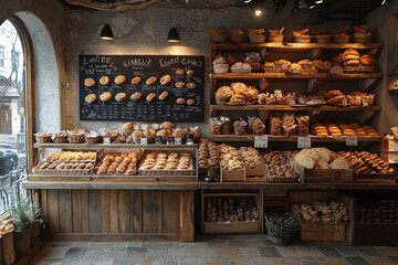 Rustic bakery display with various breads and pastries.
