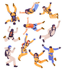 Man Skydiver in Flight Free Falling with Parachute Vector Set