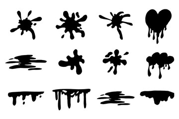 Paint drip splatter, liquid stain fluid ink droplet. Graffiti splash black melt. Paint flows, melt spray border. 