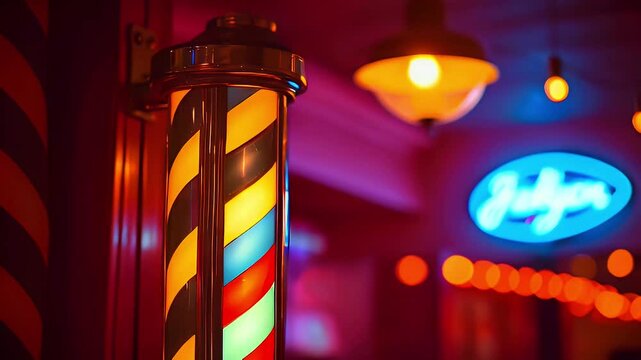 Barber pole with lamp in the background, a neon sign in window, interior.