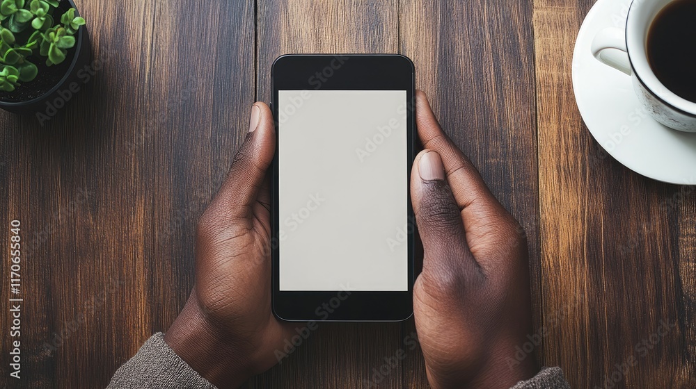 Poster a realistic phone mockup displayed in hands with a blank screen for showcasing apps or designs.