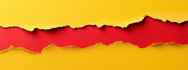 Torn Yellow and Red Paper Composition, pale yellow base, vibrant red jagged edge, minimalist aesthetic, striking visual contrast, centered layout