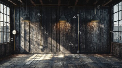 Obraz premium Rustic Industrial Interior: Sunlight Illuminates Aged Wood Walls and Vintage Lamps
